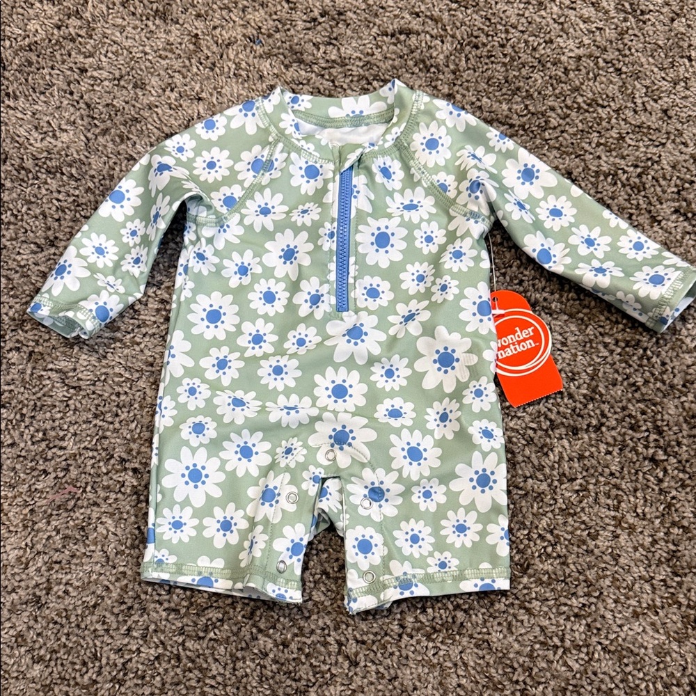 Wonder Nation Green Floral Baby Swimsuit Romper